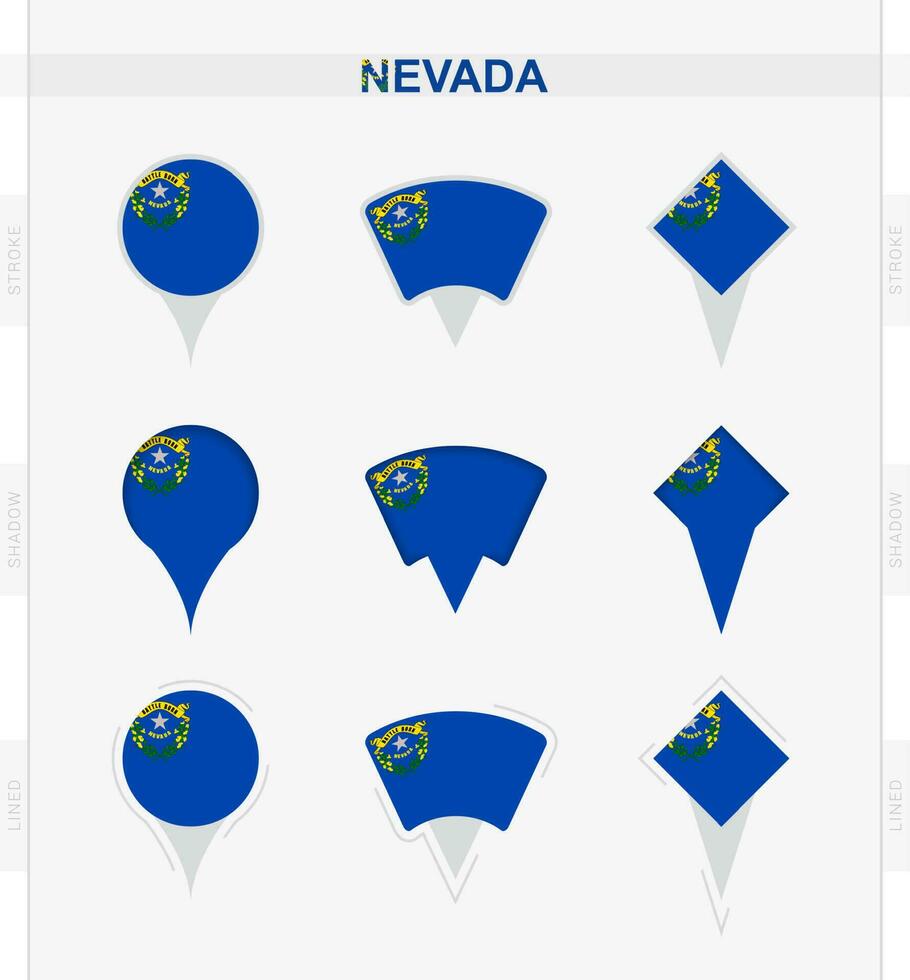 Nevada flag, set of location pin icons of Nevada flag. vector