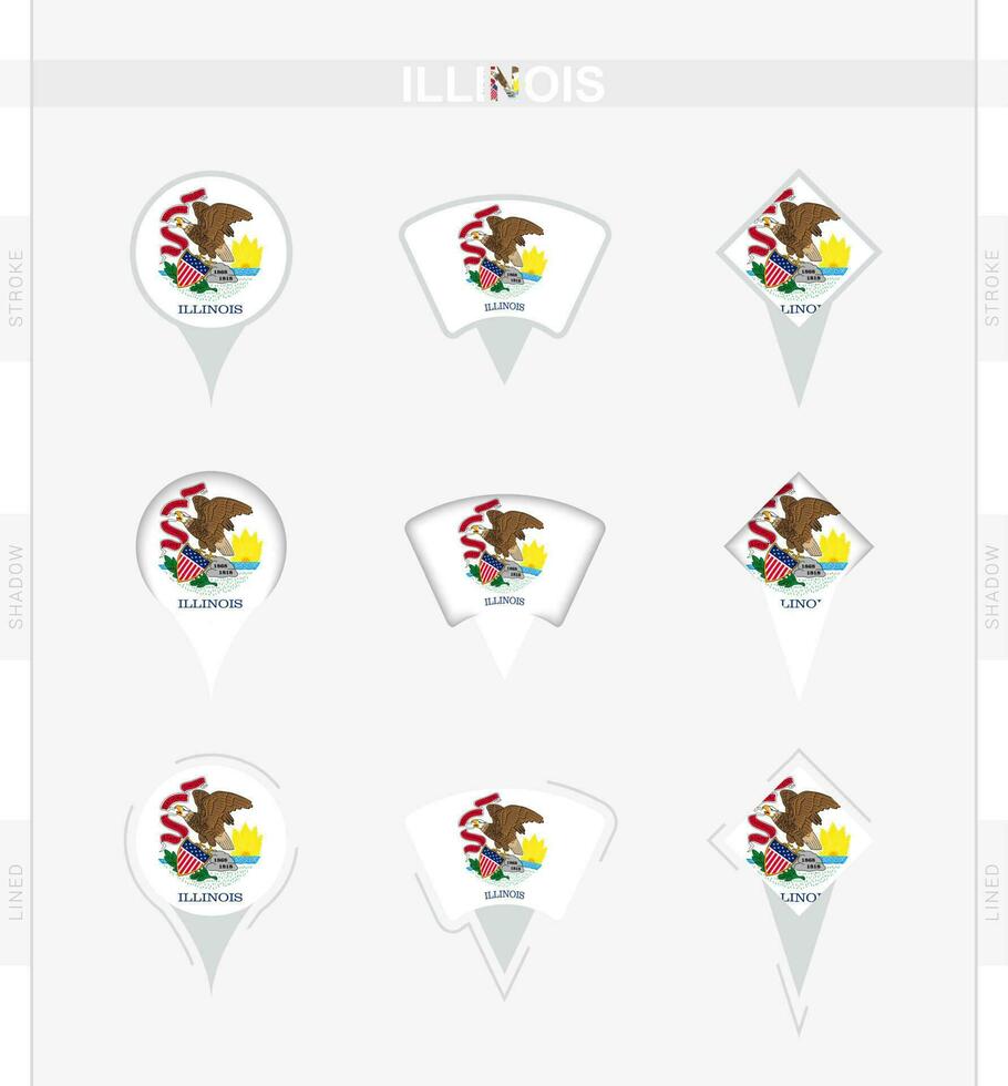 Illinois flag, set of location pin icons of Illinois flag. vector