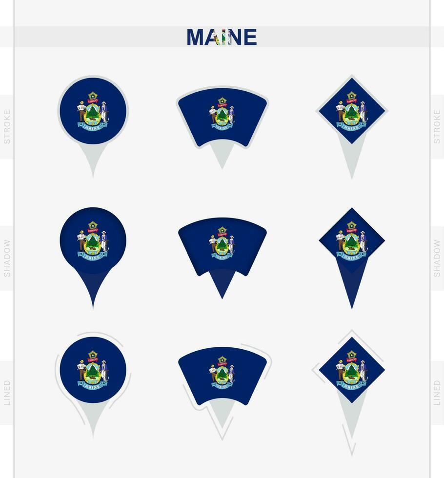 Maine flag, set of location pin icons of Maine flag. vector