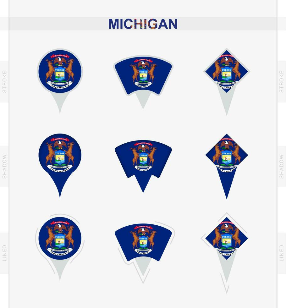 Michigan flag, set of location pin icons of Michigan flag. vector