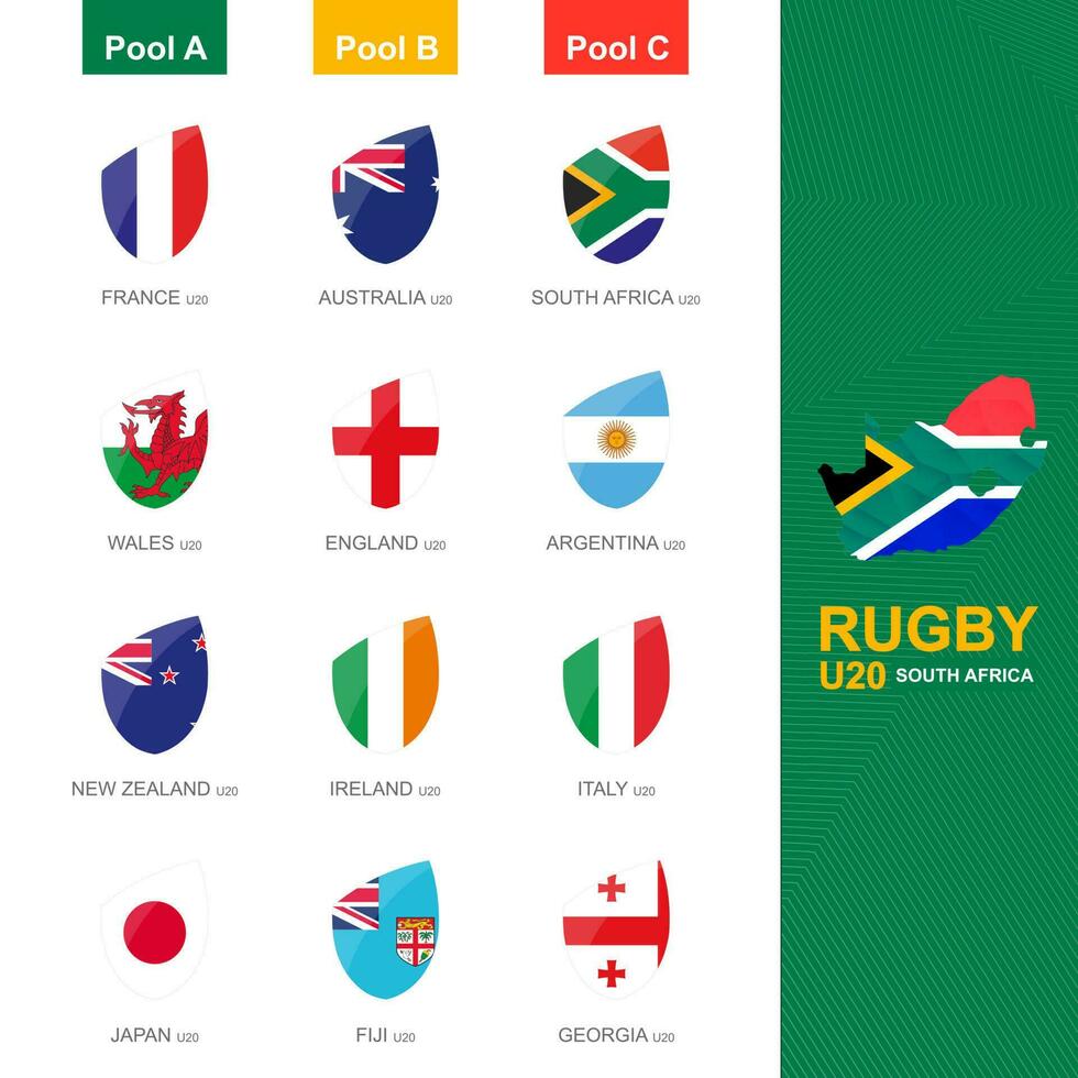 Flags in Rugby style sorted by pool for U20 rugby competition, rugby icon set. vector