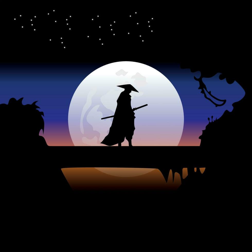 Samurai training at night on a full moon vector