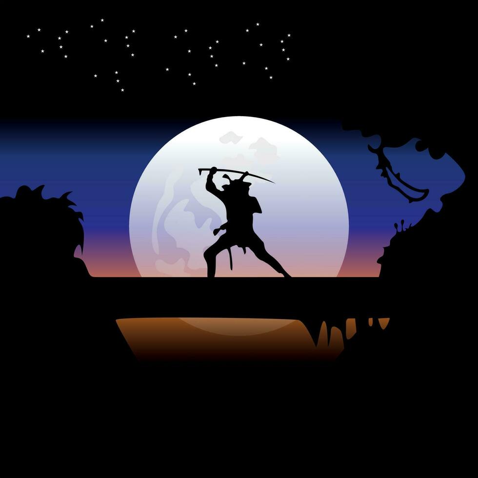Samurai training at night on a full moon vector