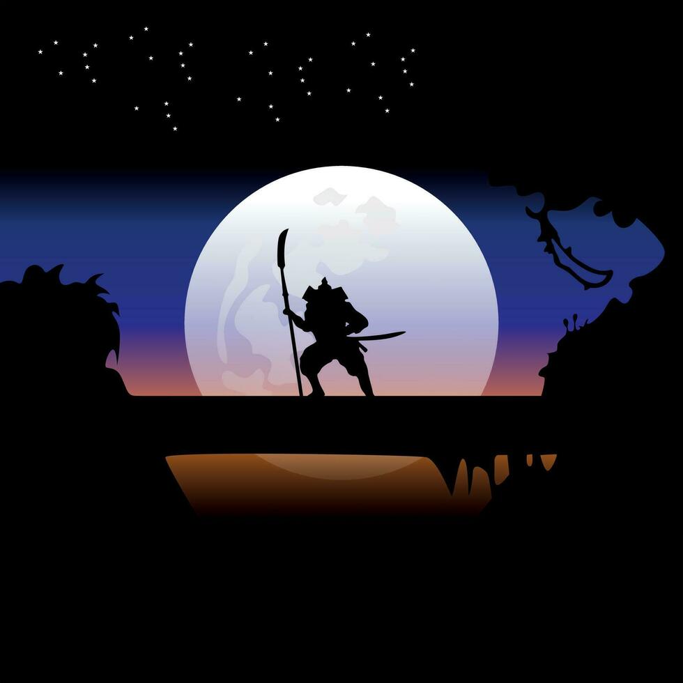 samurai entrenando en la noche de luna llena vector