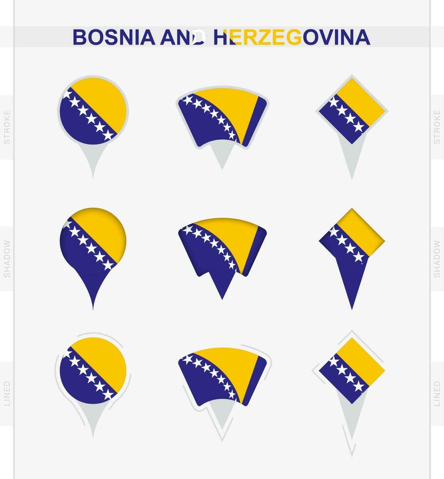 Bosnia and Herzegovina flag, set of location pin icons of Bosnia and Herzegovina flag. vector