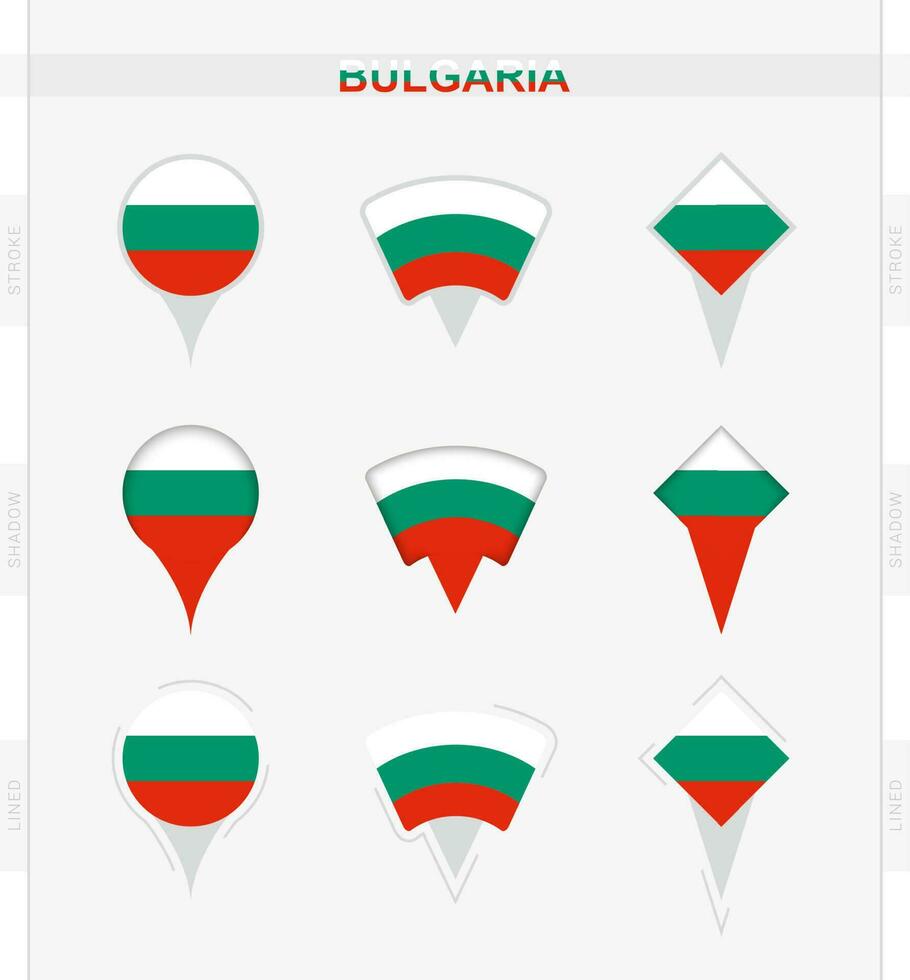 Bulgaria bandera, conjunto de ubicación alfiler íconos de Bulgaria bandera. vector