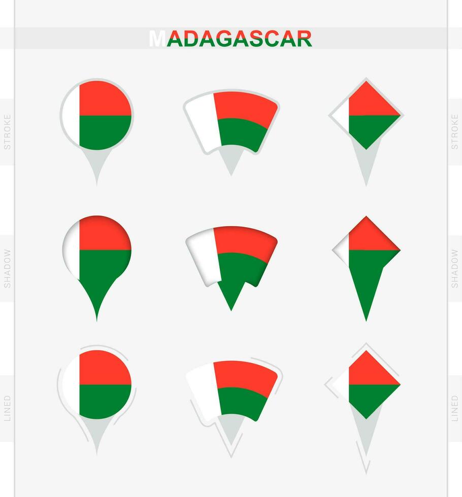 Madagascar flag, set of location pin icons of Madagascar flag. vector