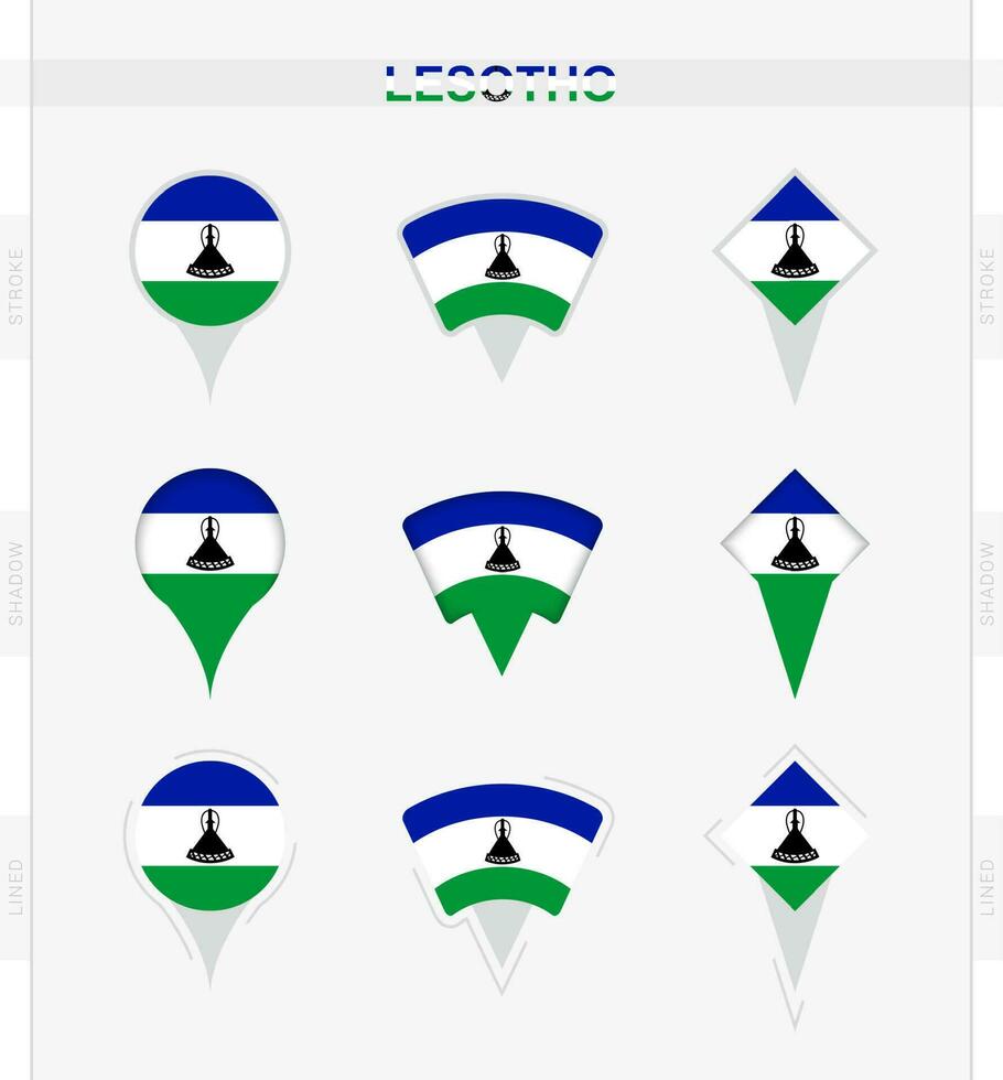 Lesotho flag, set of location pin icons of Lesotho flag. vector