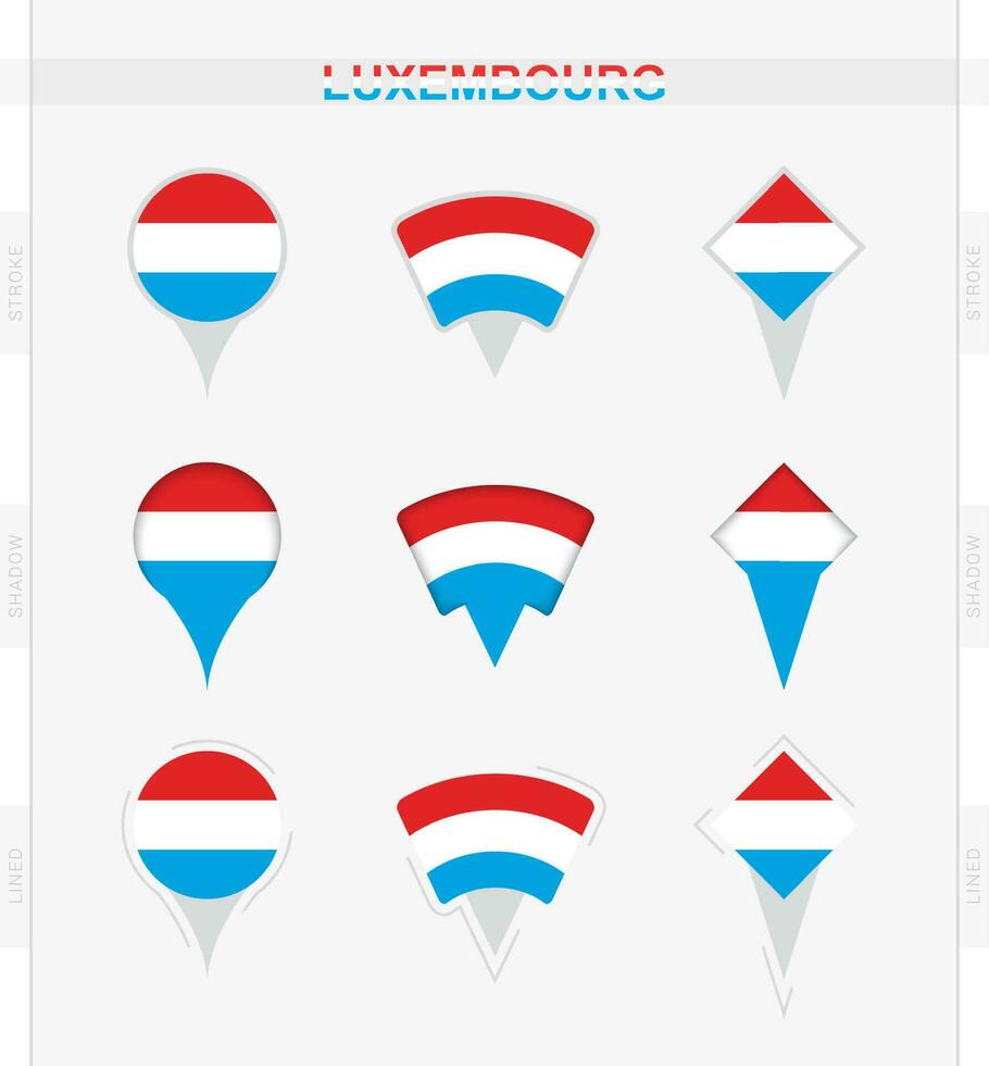 Luxemburgo bandera, conjunto de ubicación alfiler íconos de Luxemburgo bandera. vector