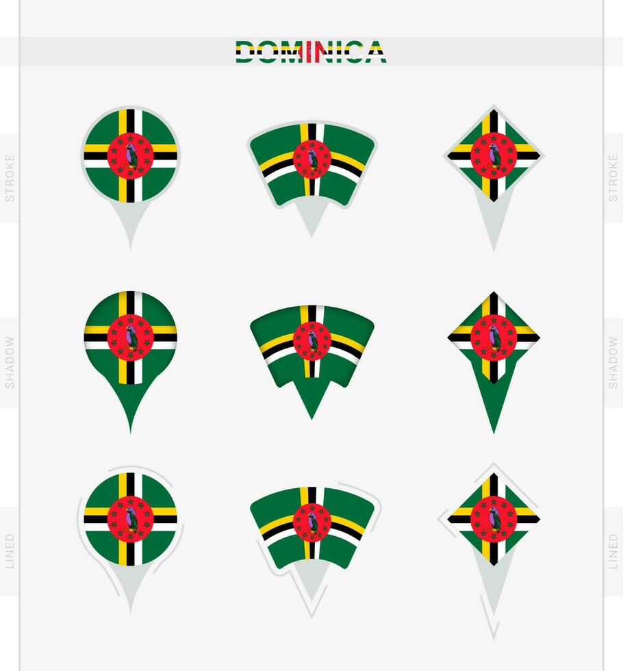 Dominica flag, set of location pin icons of Dominica flag. vector