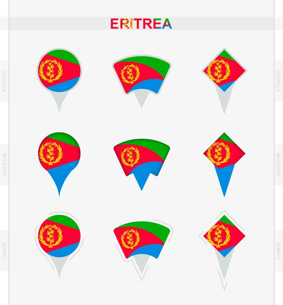 Eritrea flag, set of location pin icons of Eritrea flag. vector