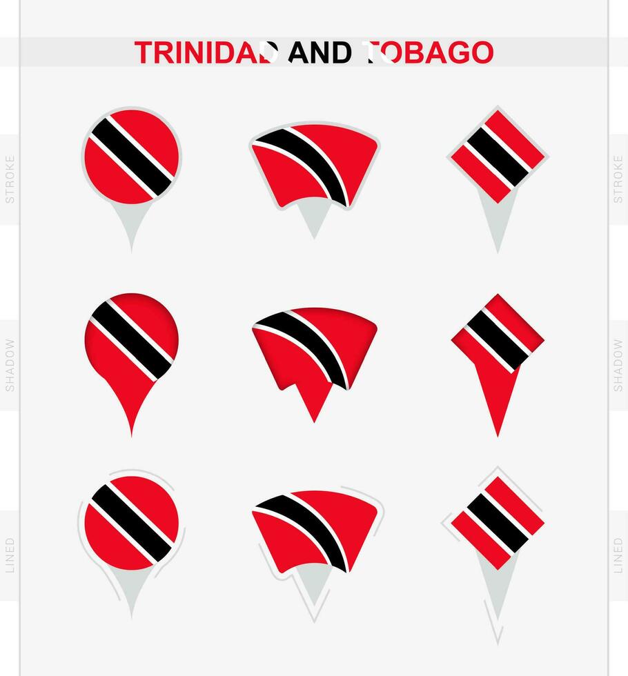 trinidad y tobago bandera, conjunto de ubicación alfiler íconos de trinidad y tobago bandera. vector