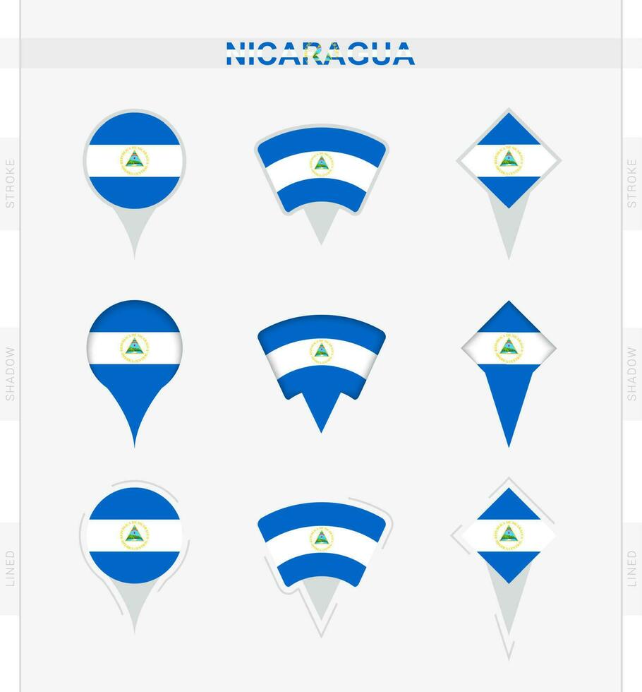 Nicaragua flag, set of location pin icons of Nicaragua flag. vector