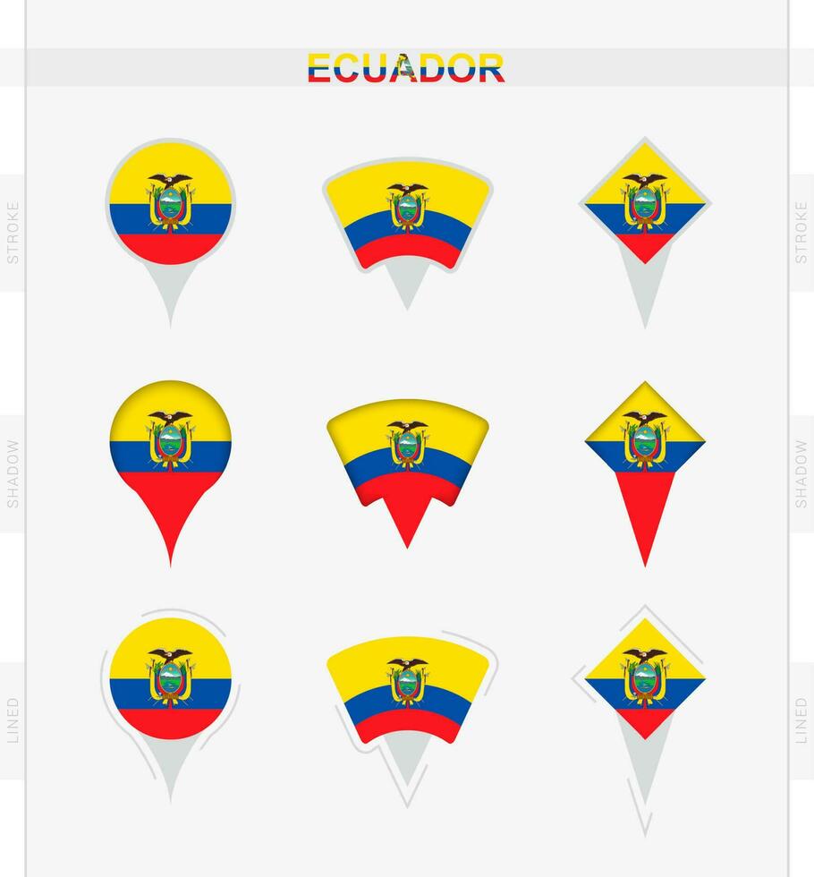 Ecuador bandera, conjunto de ubicación alfiler íconos de Ecuador bandera. vector