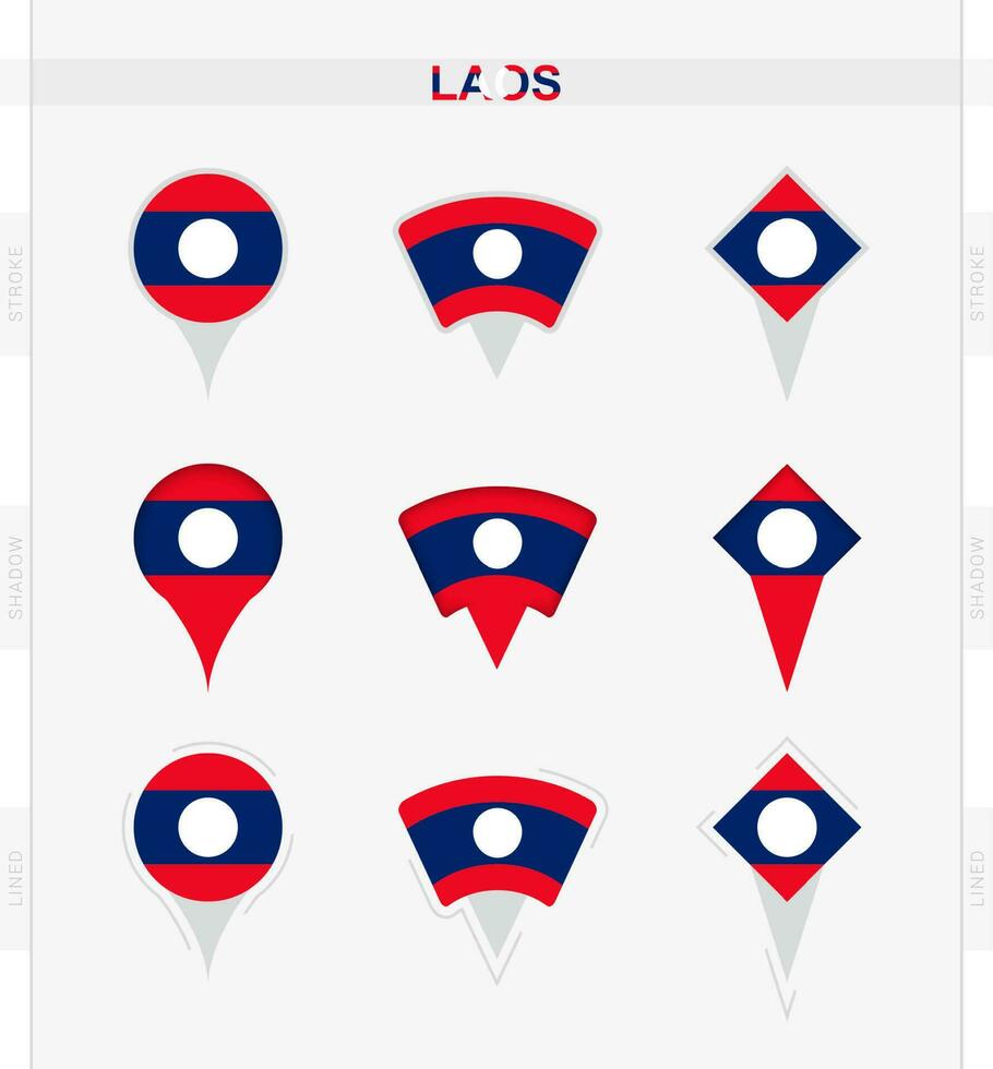 Laos flag, set of location pin icons of Laos flag. vector