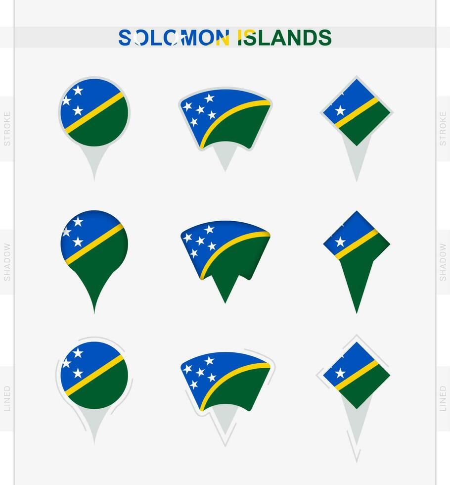 Solomon Islands flag, set of location pin icons of Solomon Islands flag. vector