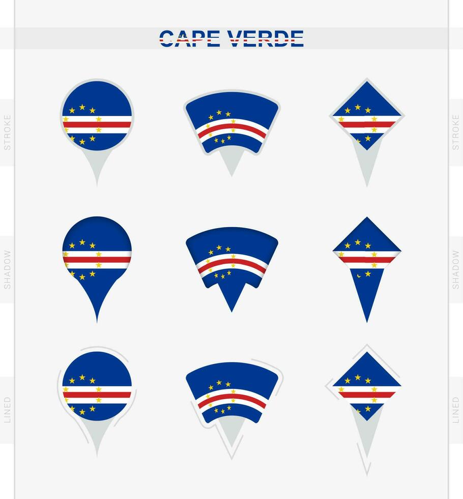 Cape Verde flag, set of location pin icons of Cape Verde flag. vector