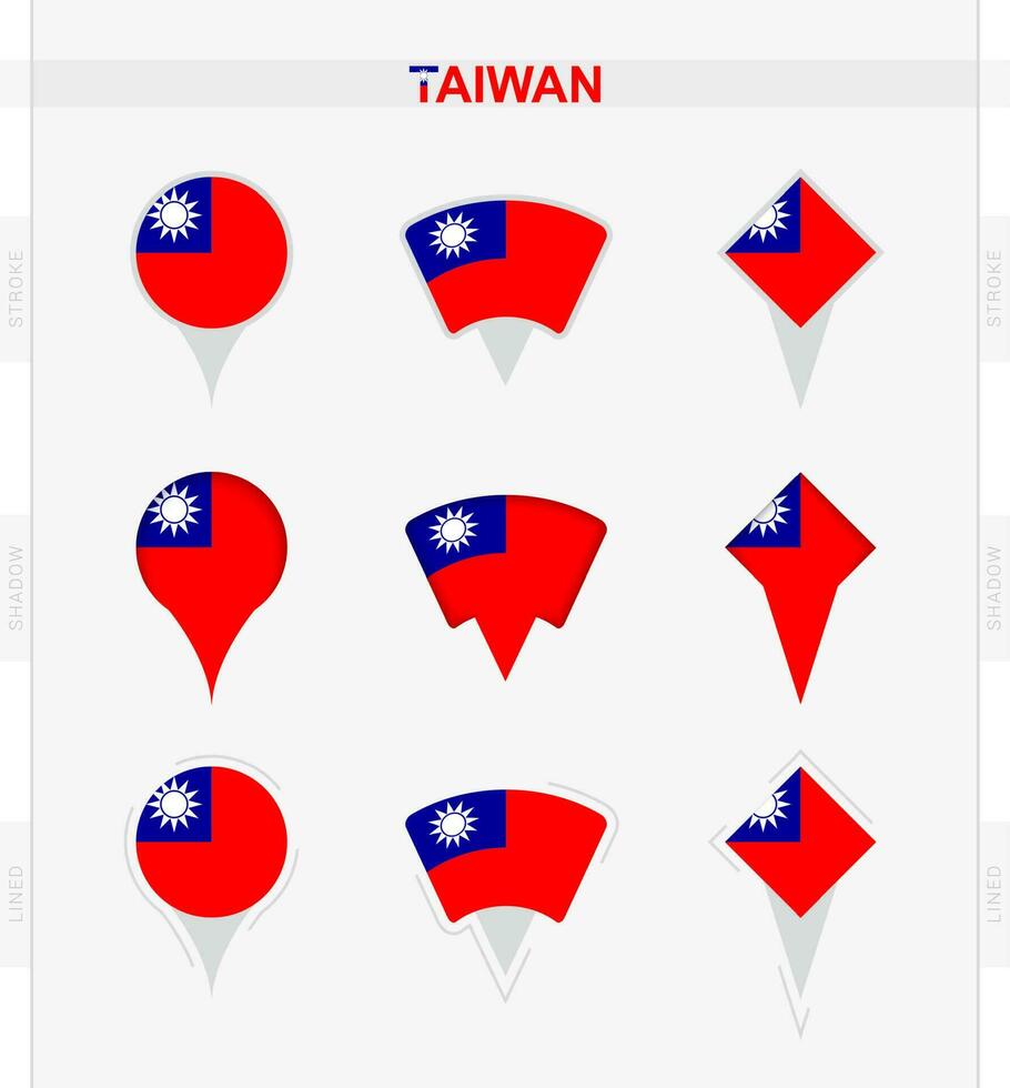 Taiwán bandera, conjunto de ubicación alfiler íconos de Taiwán bandera. vector