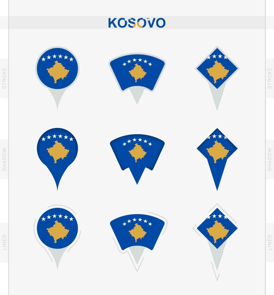 Kosovo bandera, conjunto de ubicación alfiler íconos de Kosovo bandera. vector