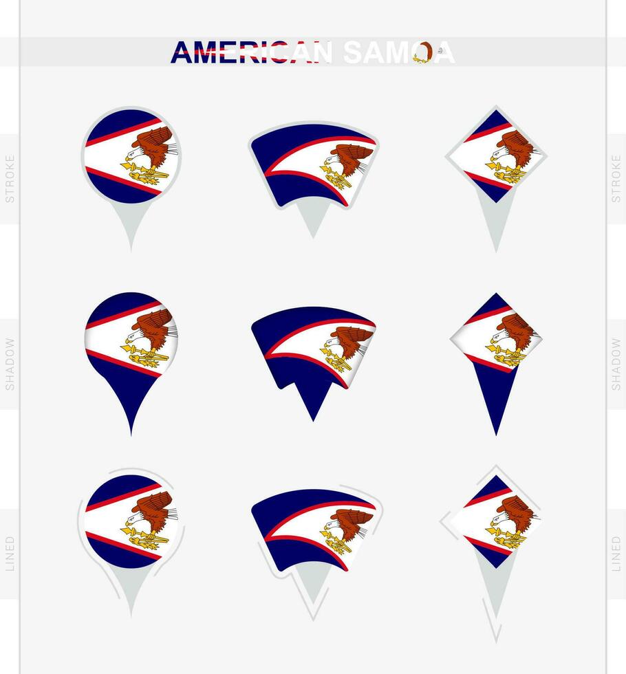 americano Samoa bandera, conjunto de ubicación alfiler íconos de americano Samoa bandera. vector