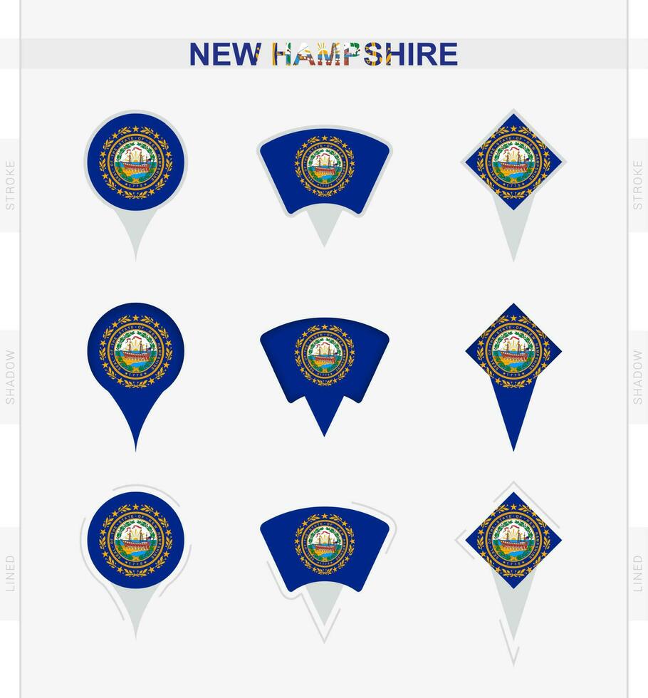 New Hampshire flag, set of location pin icons of New Hampshire flag. vector
