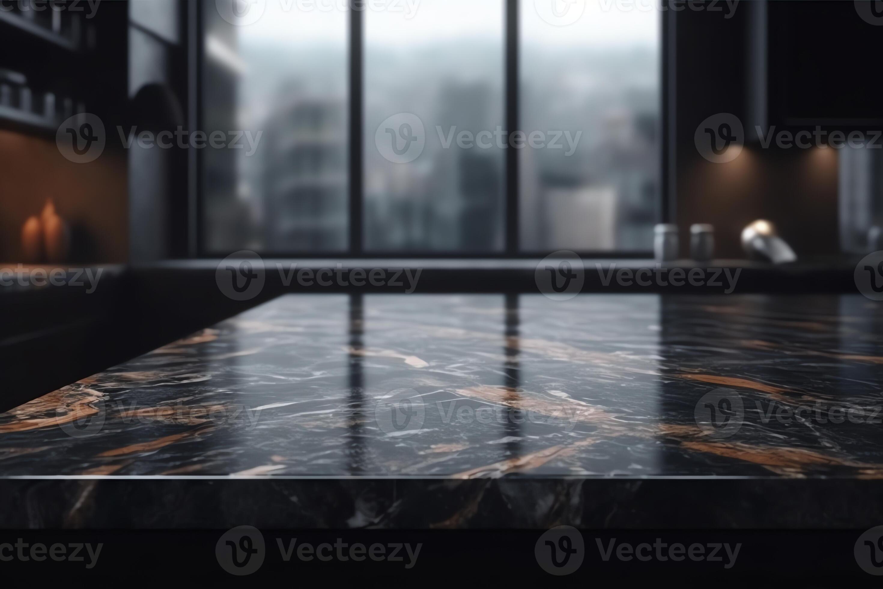 Modern empty dark marble table top or kitchen island on blurry bokeh