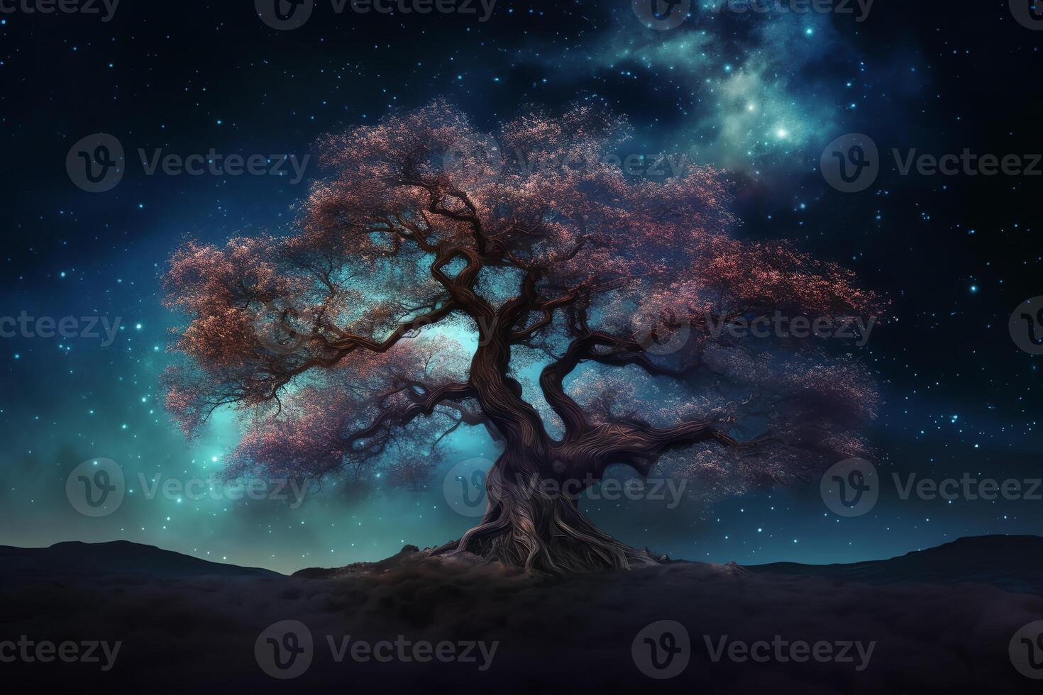 Fantasy tree in the night sky with stars and nebula. photo