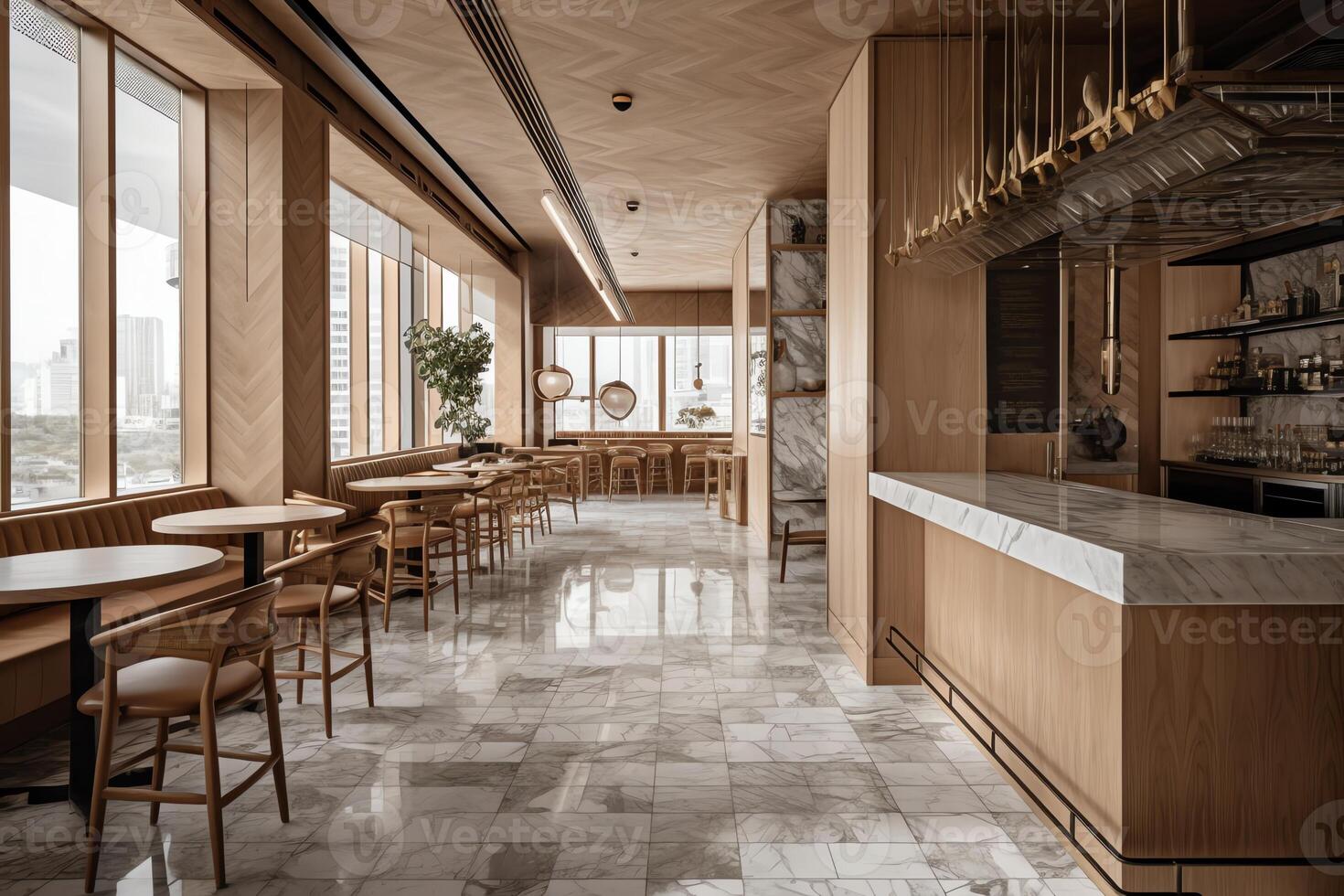 Interior of contemporary cafe with double ceiling height features light