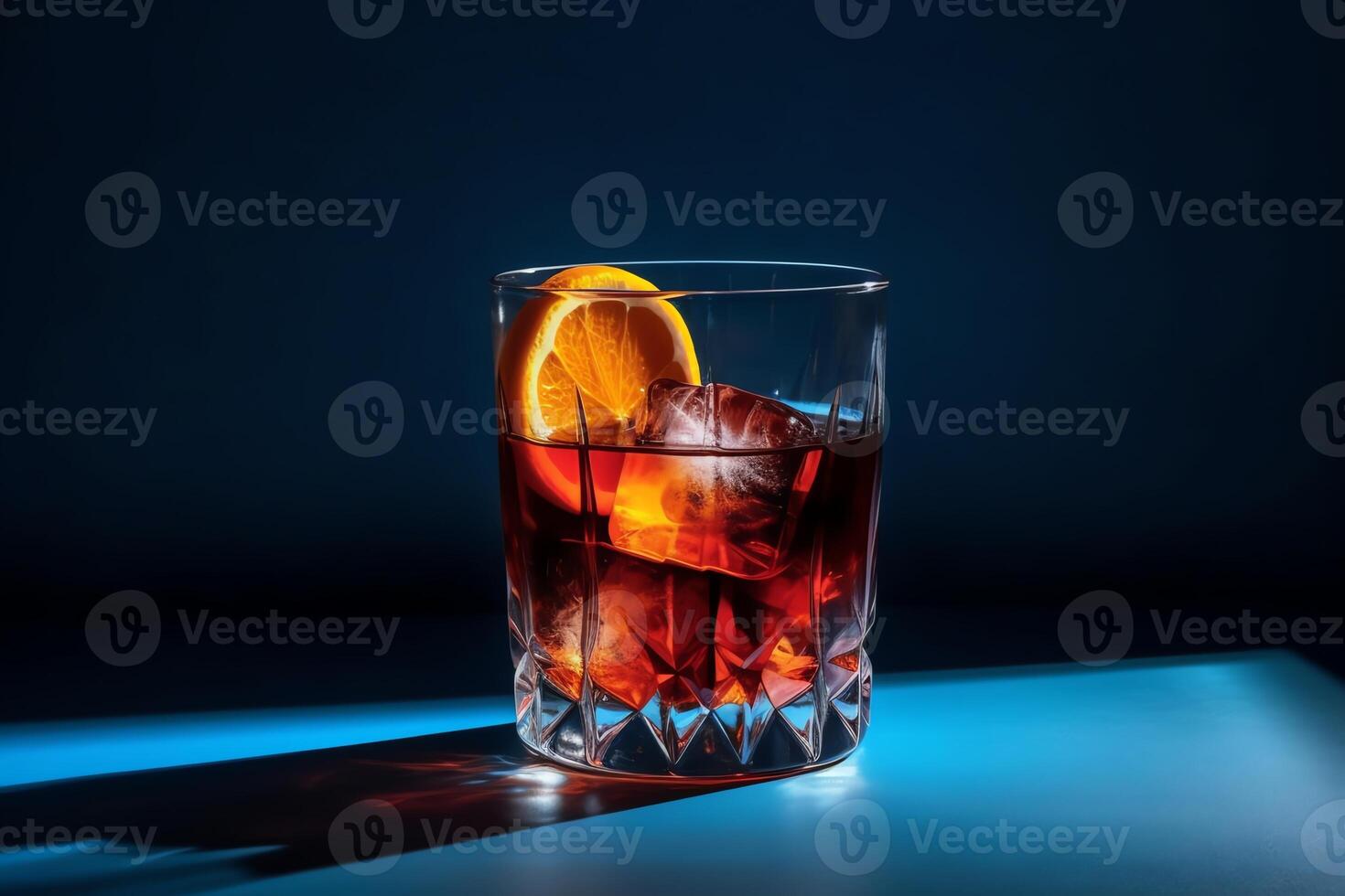 popular cóctel negroni con Ginebra y Vermut en azul antecedentes con sombra negroni cóctel. ai generado foto