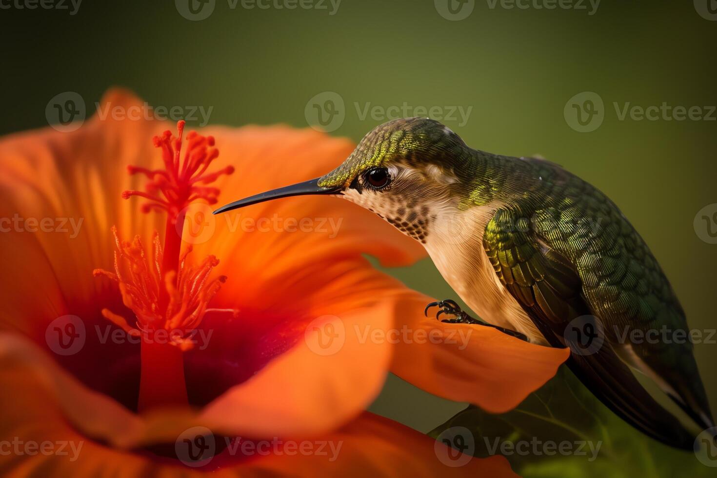 macro fotografía de un colibrí alimentación en un hibisco flor. ai generado foto