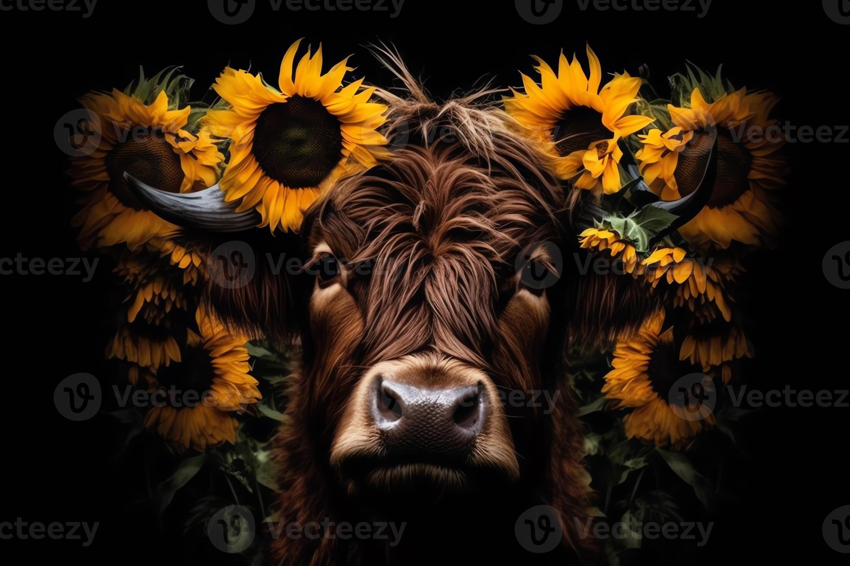 Highland cow face with many various sunflowers. 23384942 Stock Photo at