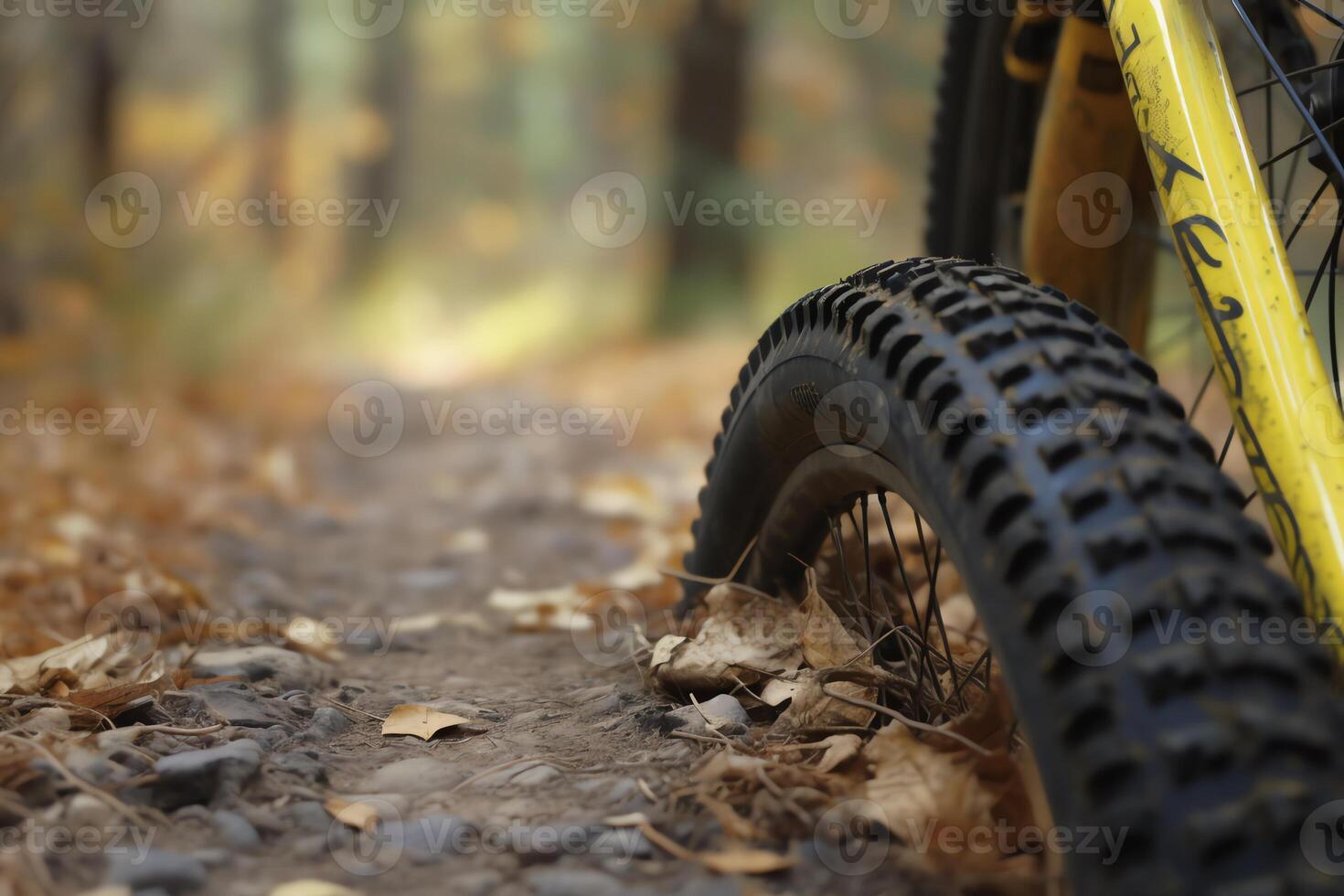 Yellow mountain bike tire tread with brakes in the distance. photo