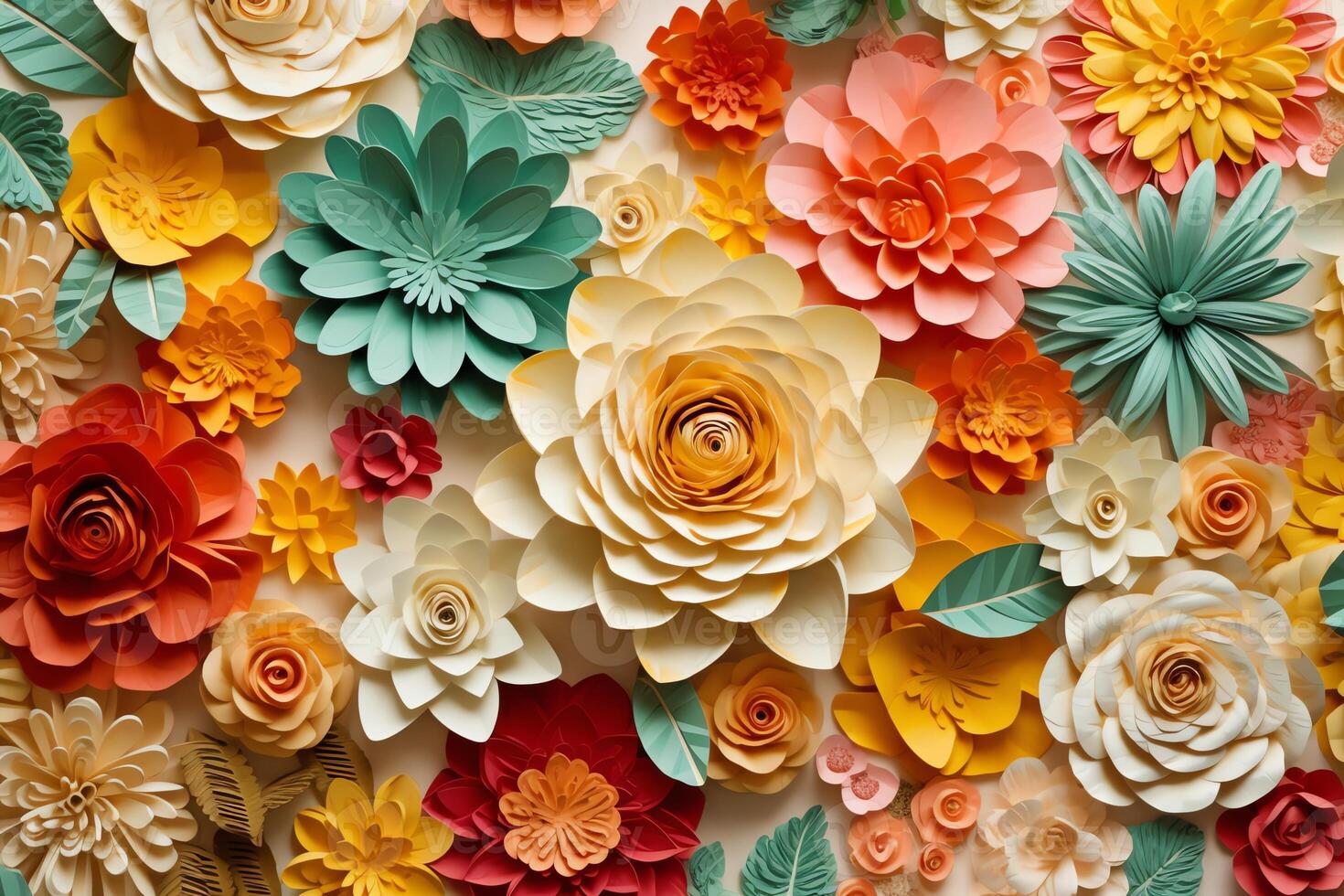 3d floral arte fondo de pantalla naranja Rosa verde y amarillo flores en ligero antecedentes niños habitación pared decoración. ai generado foto