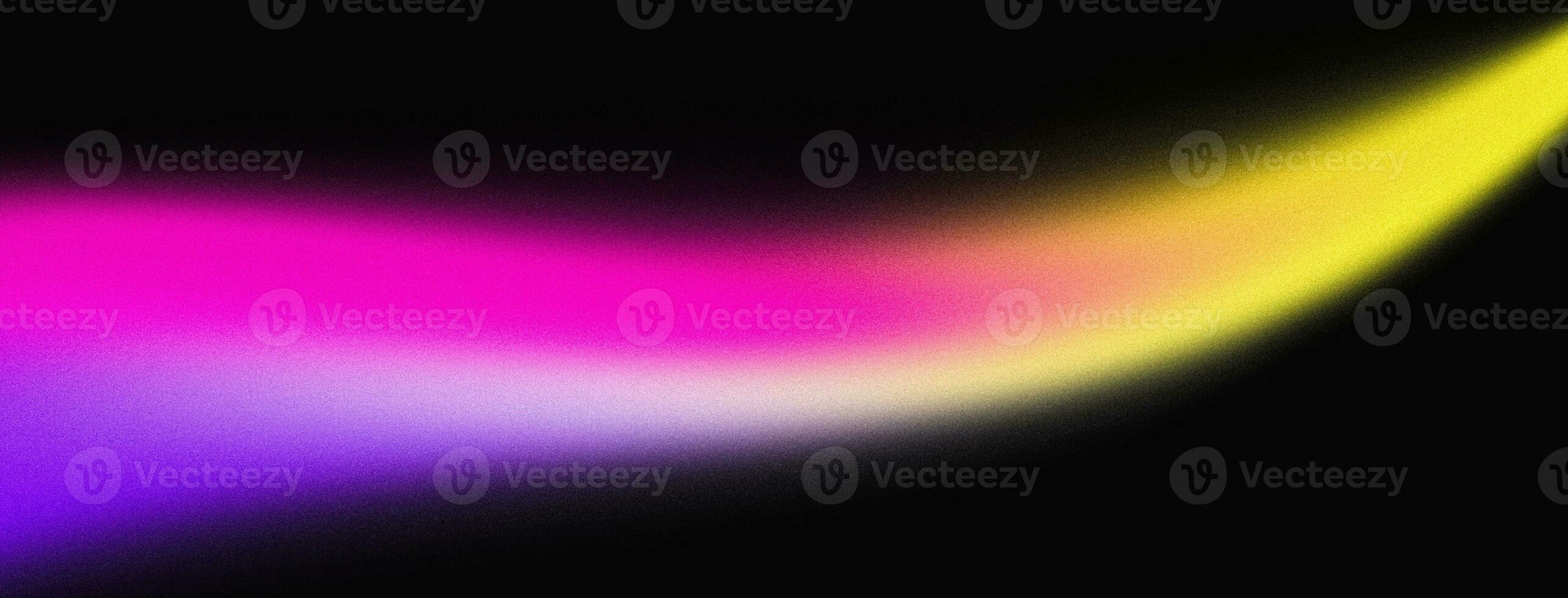 Abstract gradient pink yellow purple color flow wave shape on black background, grain texture effect, copy space photo
