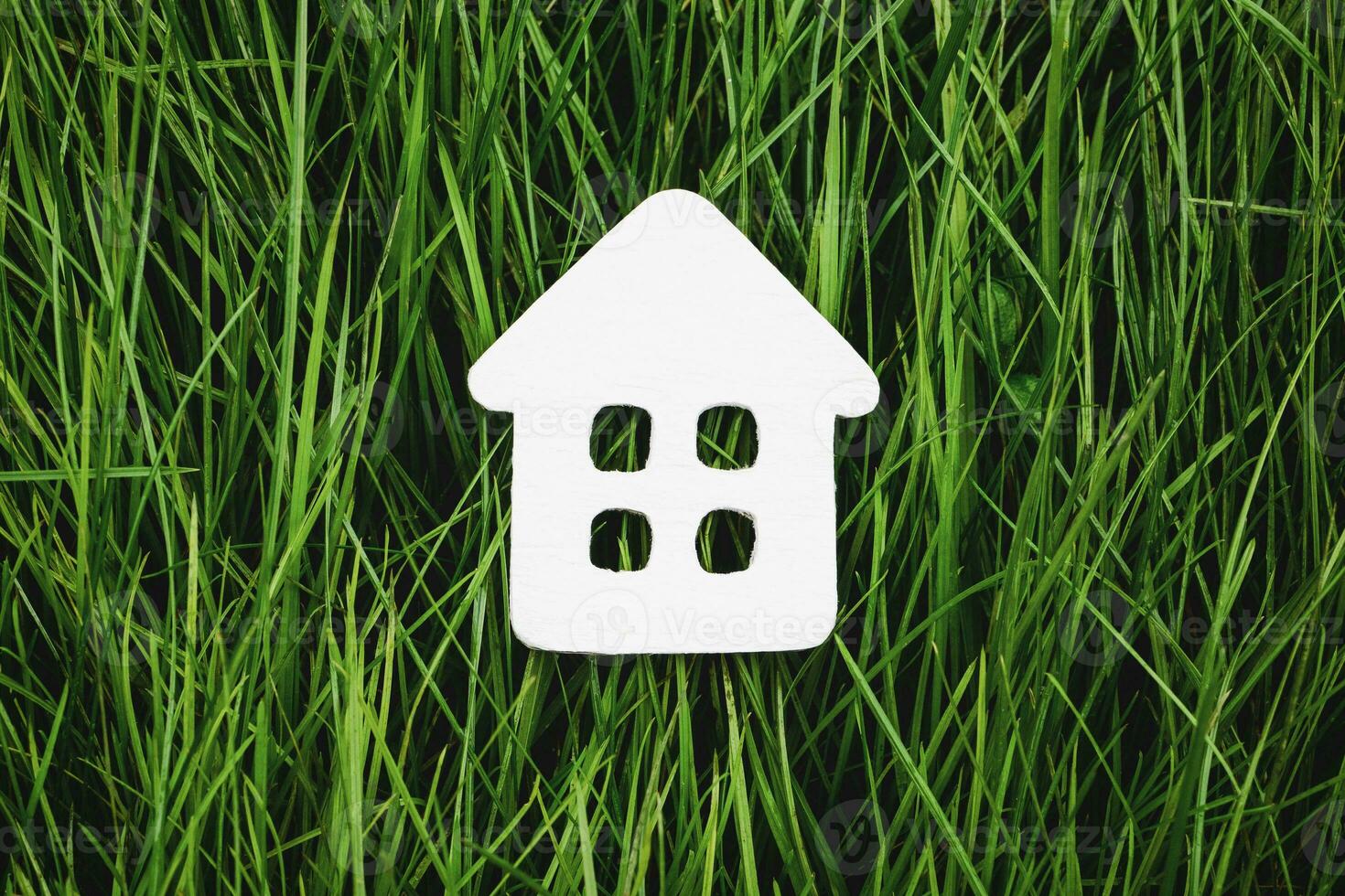blanco papel casa en verde césped, sostenible vivo y Respetuoso del medio ambiente alojamiento foto