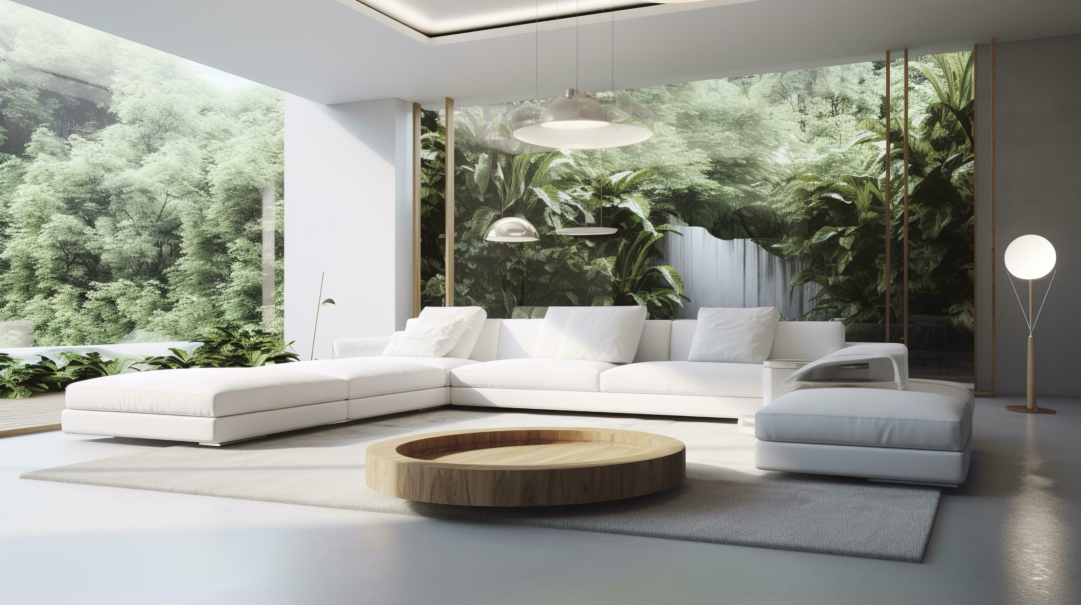 un futurista blanco mínimo interior de un vivo habitación, lujoso
