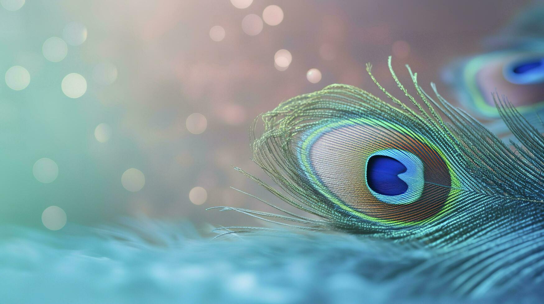 a bright blue background with one peacock feather, in the style of soft and dreamy pastels, glimmering light effects, nature-inspired imagery, generat ai photo