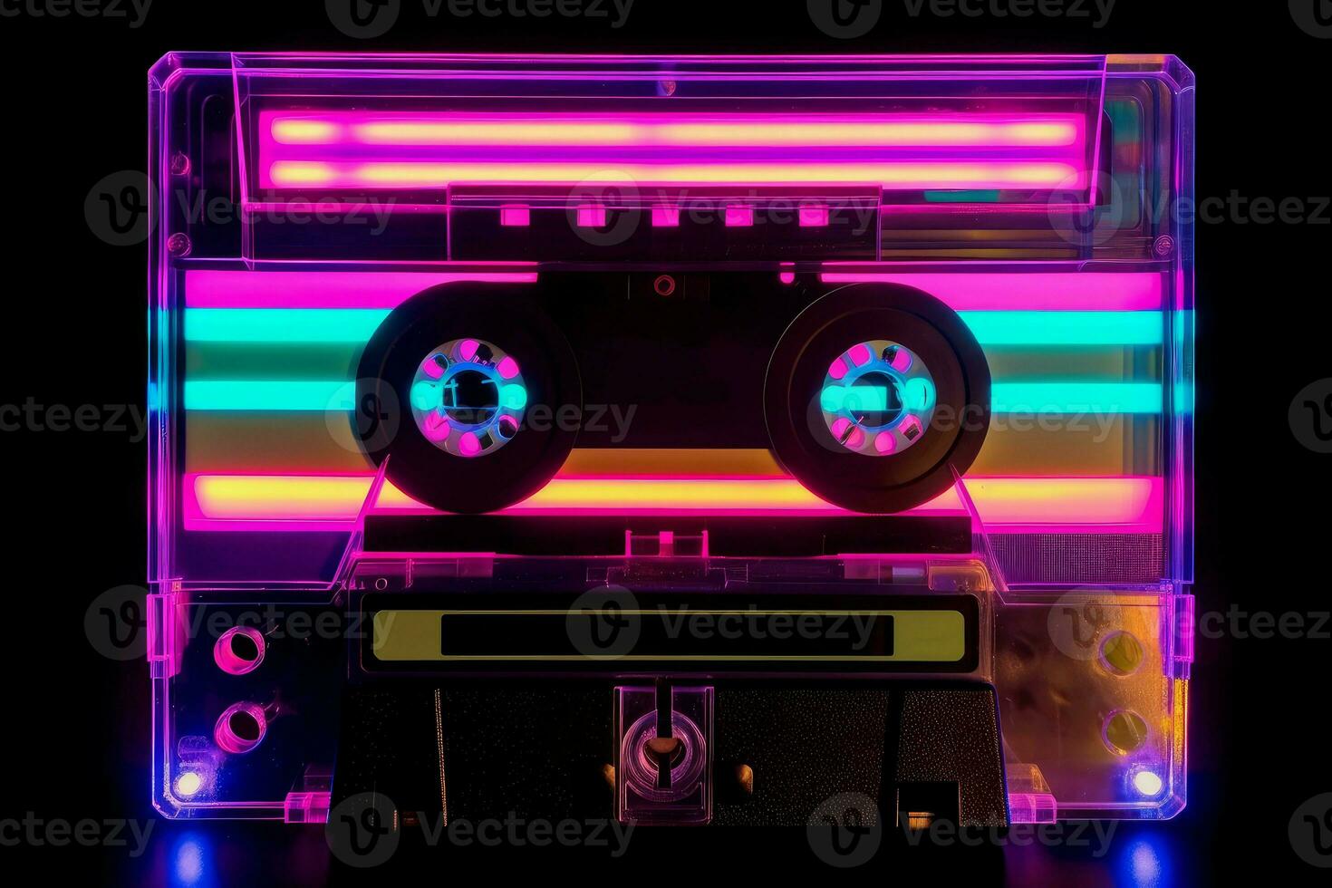 Music cassette neon light. Generate Ai photo