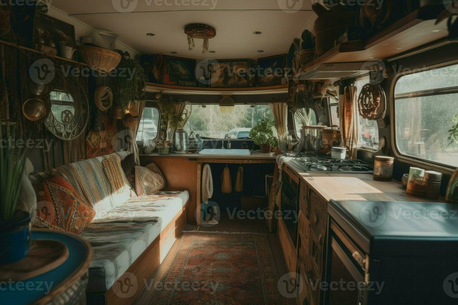 Modern interior vanlife camper. Generate Ai photo