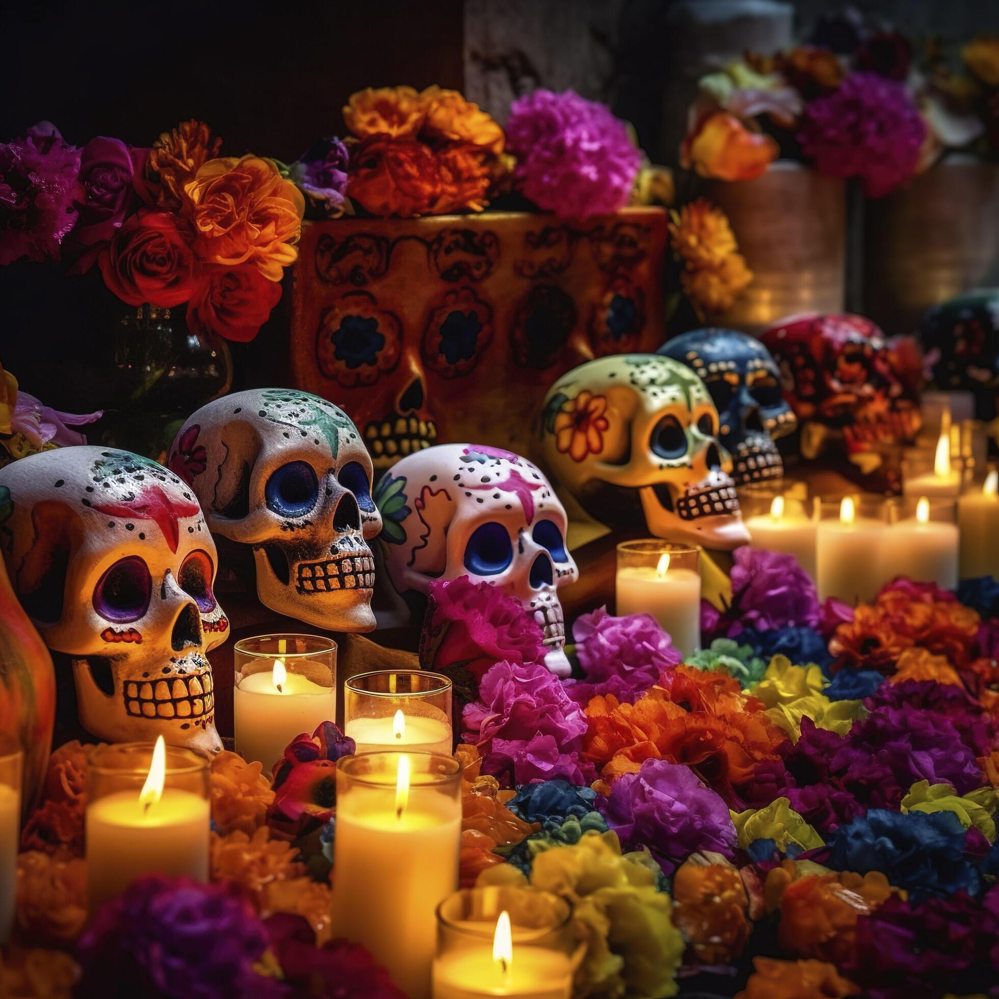 Dia de los Muertos skulls, flowers candles, carneval colorful, lot of