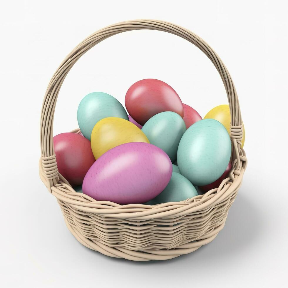 Colorful easter eggs in basket isolated on white background, generate ai photo