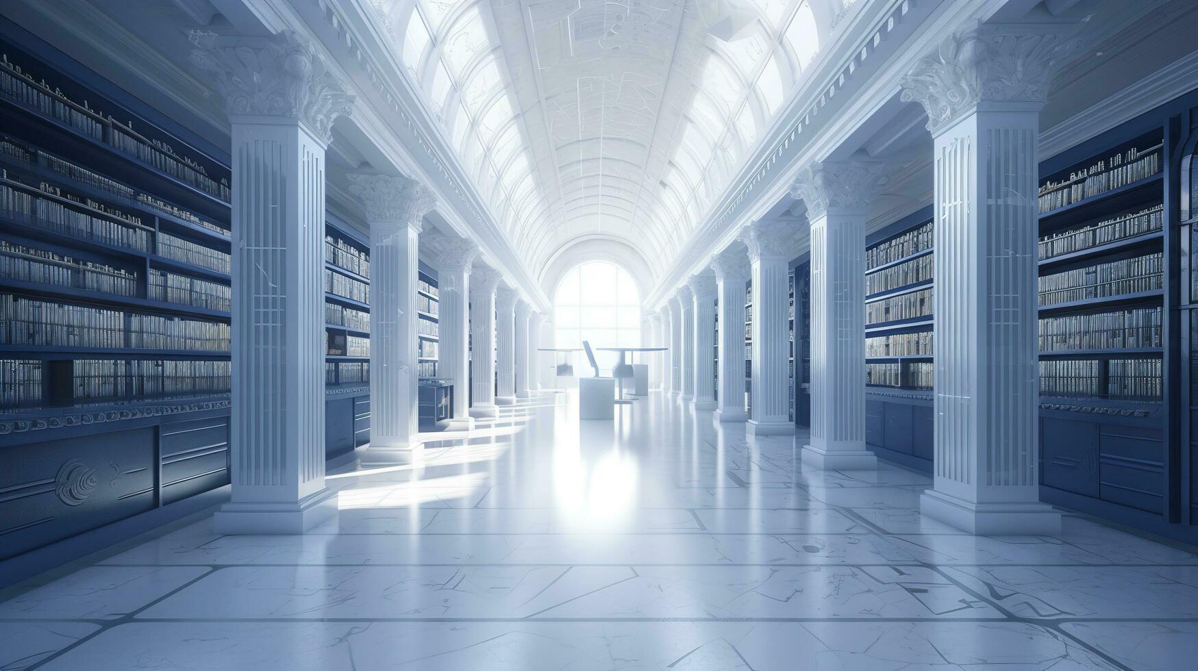 artificial intelligence white library classroom in space, a futuristic  library with a lot of books with natural light,  photorealistic 2050, generate ai photo