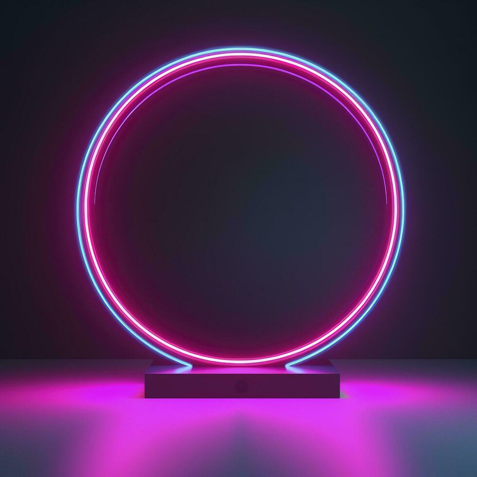 Empty neon lights round frame podium floating in the air with purple neon rings on background and hologram of digital rings on a floor, generate ai photo