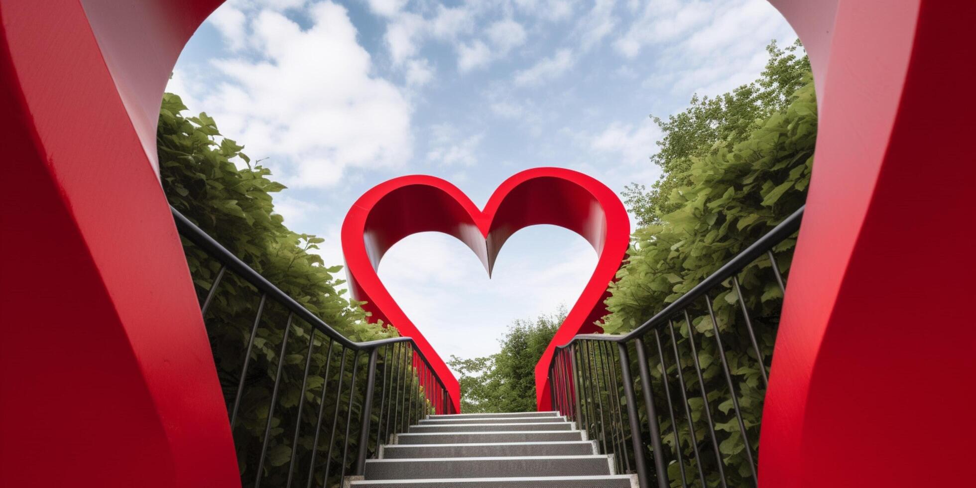 red stairs leading to heart shaped frame photo