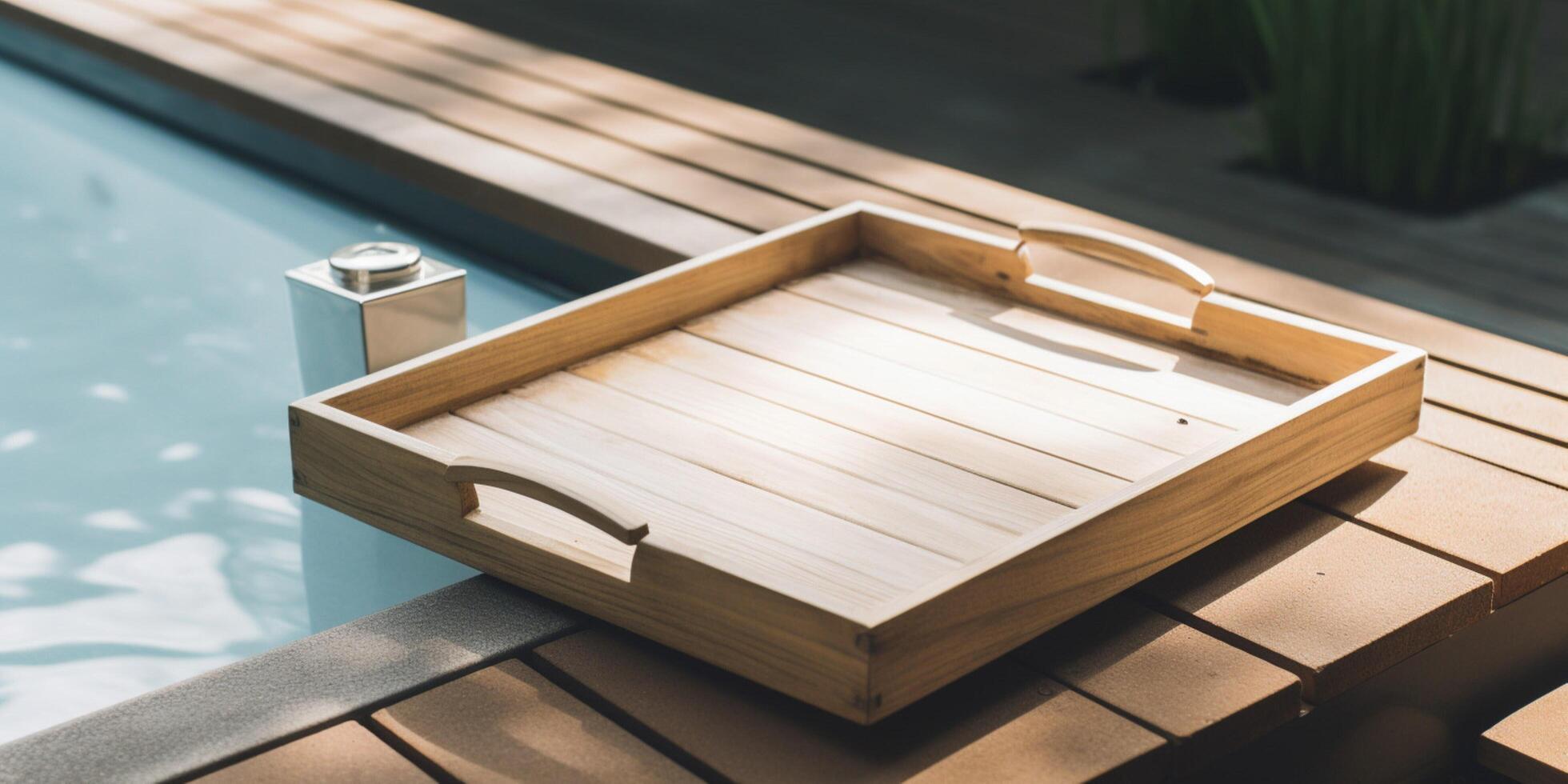 A wooden tray on a wooden deck next to swimming pool photo