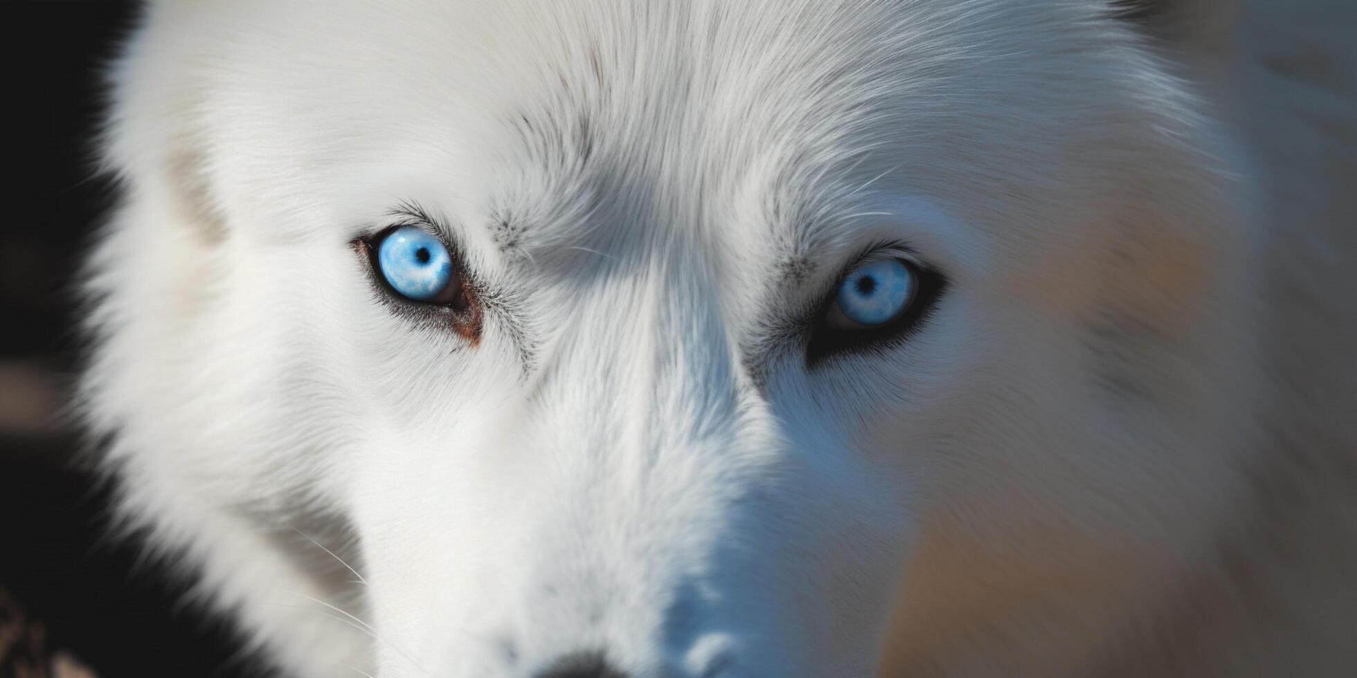 A white wolf with blue eyes lies on the log photo