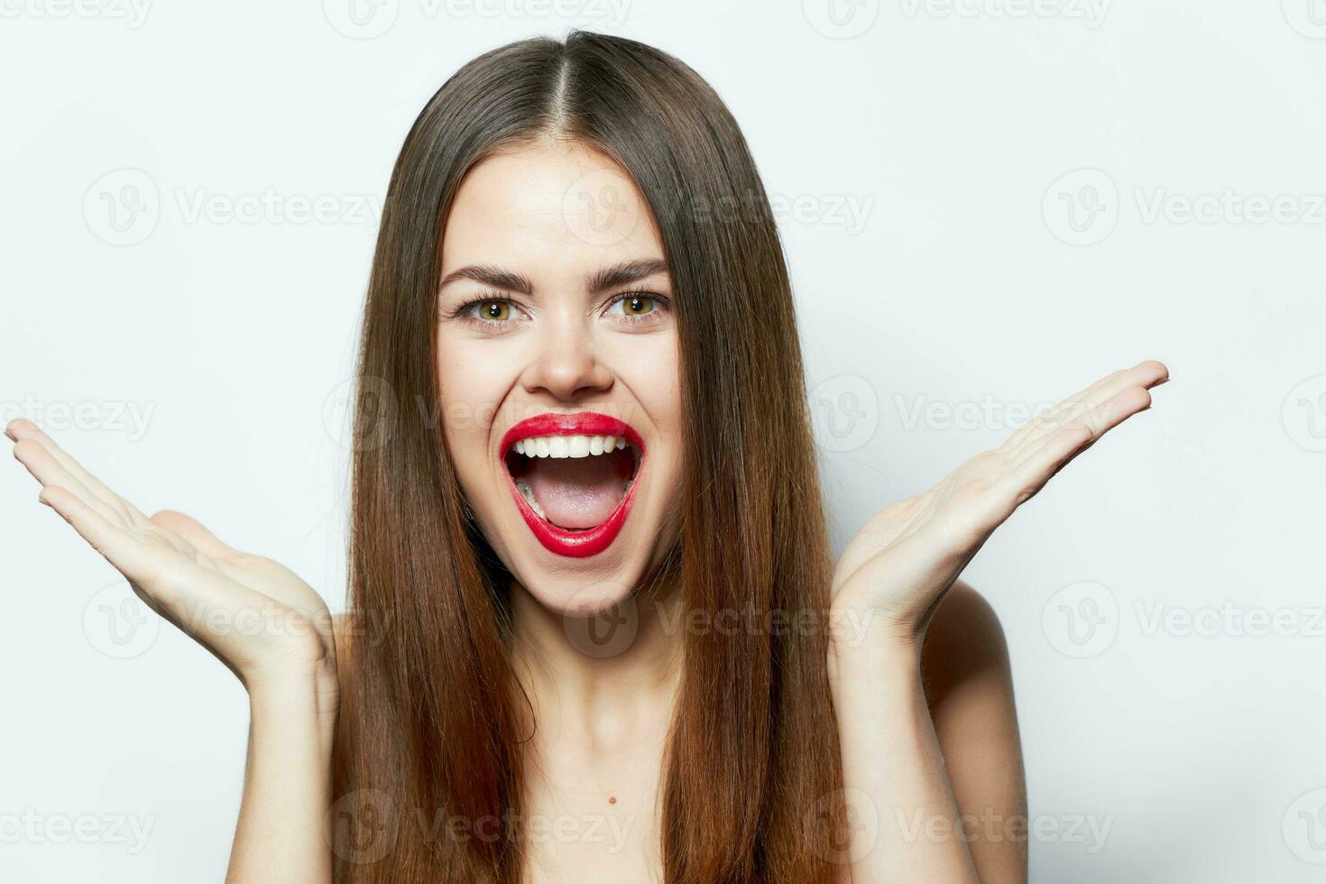 Woman portrait Emotions gesticulate with hands Big smile spa treatments photo