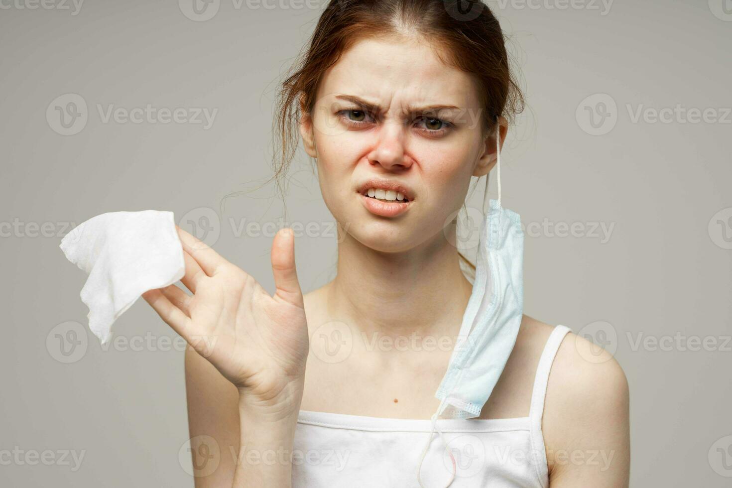 sick woman flu infection virus health problems light background photo