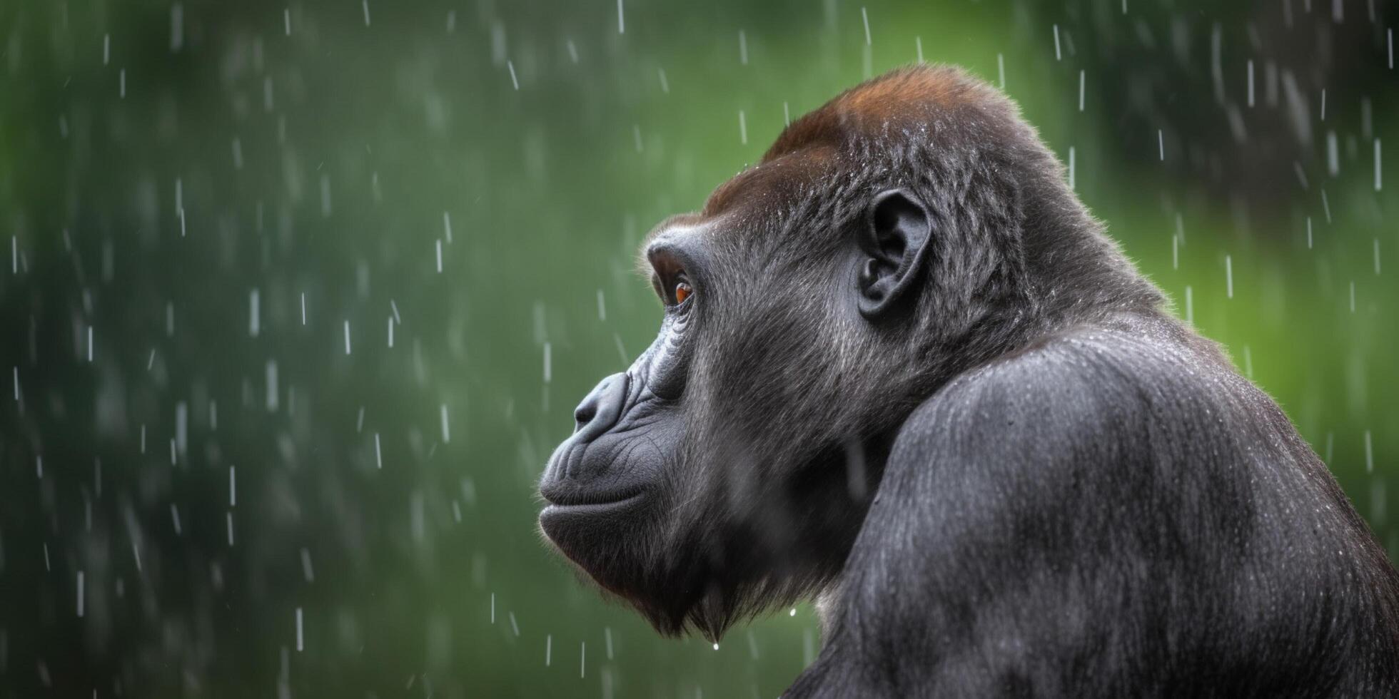 Two gorillas are sitting in the rain photo