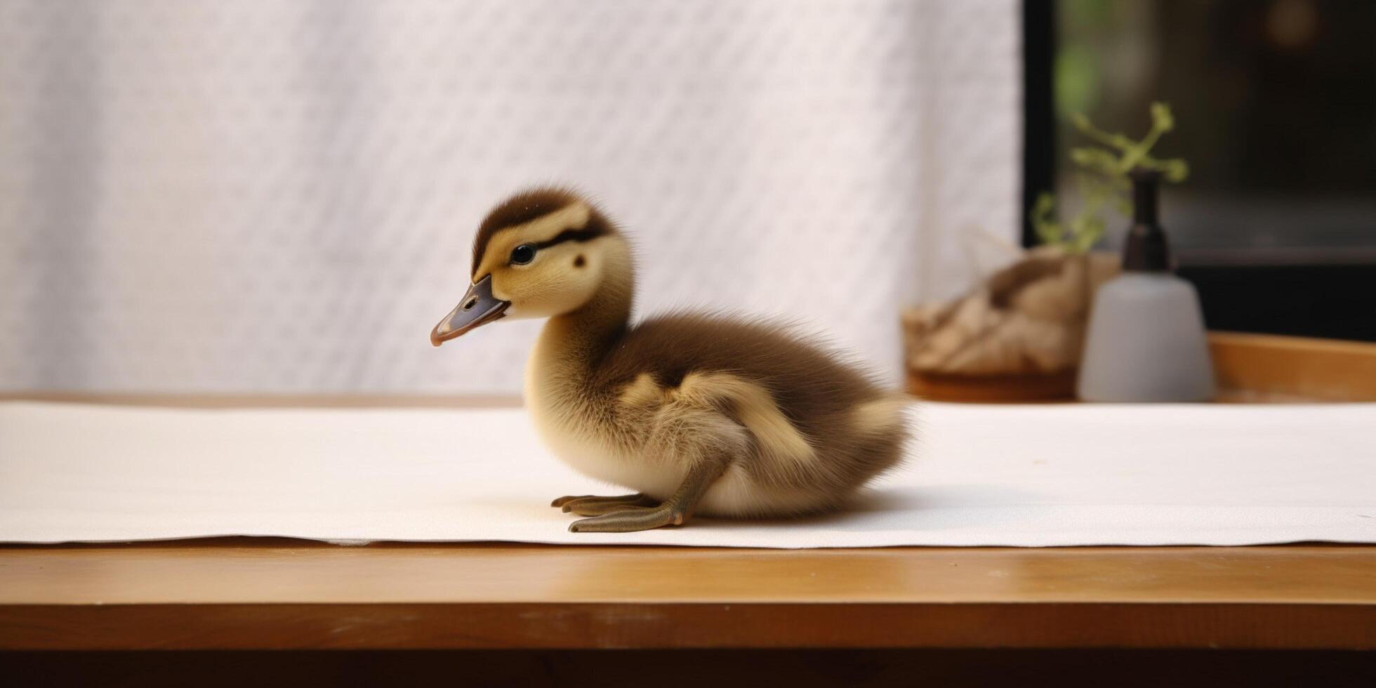 A duckling is sitting on a table photo